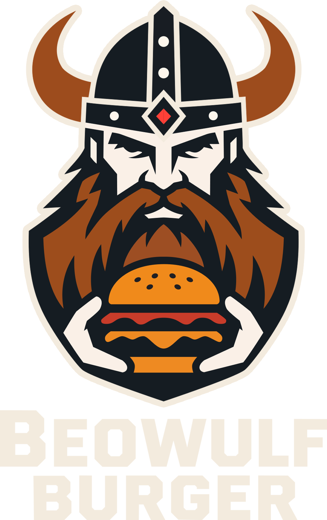 Beowulf Burger — guerreiro viking segurando um hambúrguer